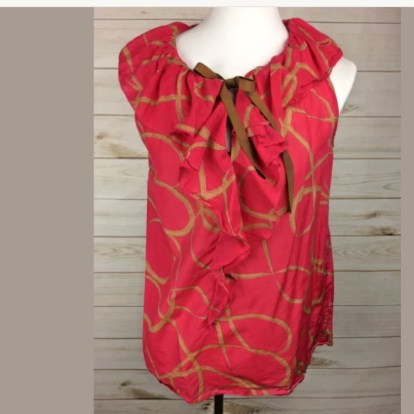 Ann Taylor Loft Women's Hot Pink & Brown Ruffled Tunic Top Sz S - Picture 2 of 9